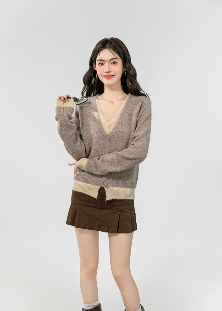 Pseudo-two France style sweater all-match tops a set