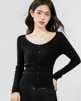 Pseudo-two mixed colors tops halter sweater for women