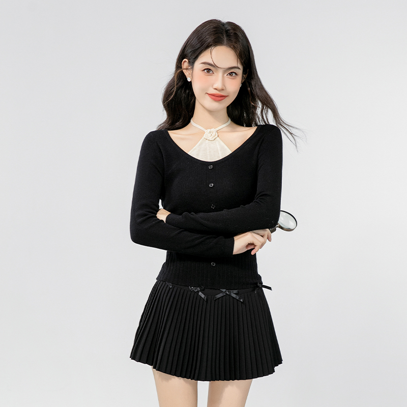 Pseudo-two mixed colors tops halter sweater for women