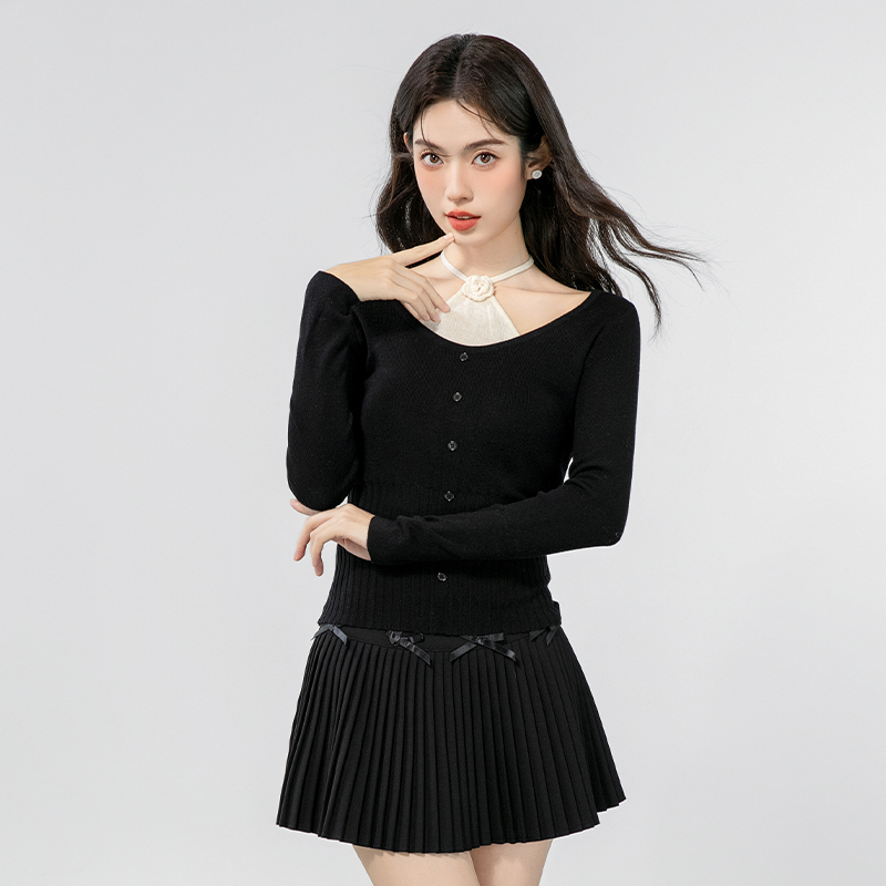 Pseudo-two mixed colors tops halter sweater for women