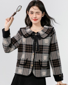 Plaid cardigan doll collar woolen coat for women