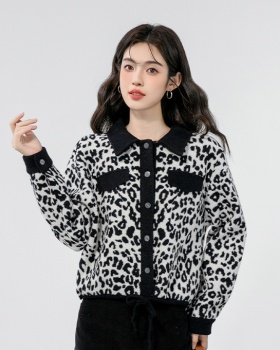 Knitted leopard coat autumn and winter single-breasted tops