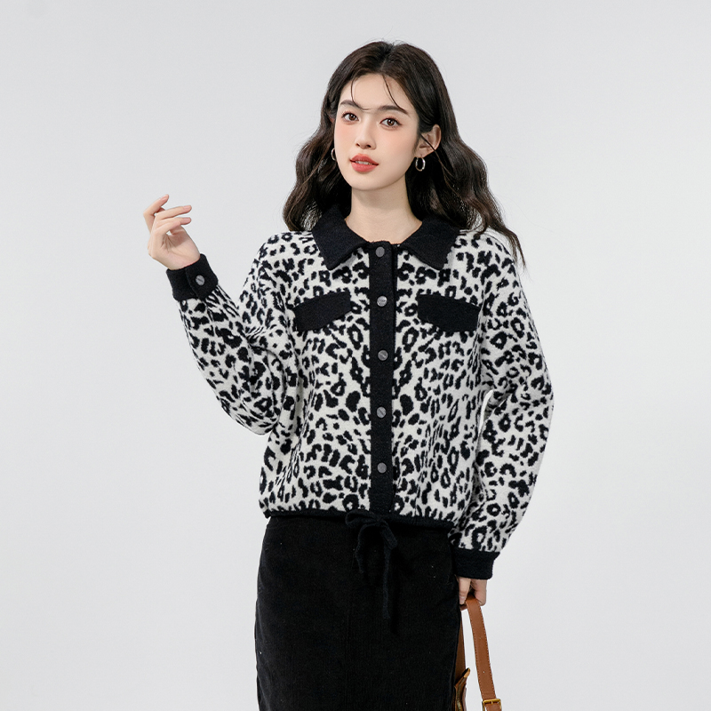 Knitted leopard coat autumn and winter single-breasted tops