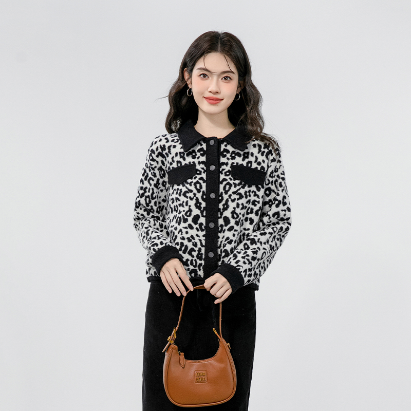 Knitted leopard coat autumn and winter single-breasted tops