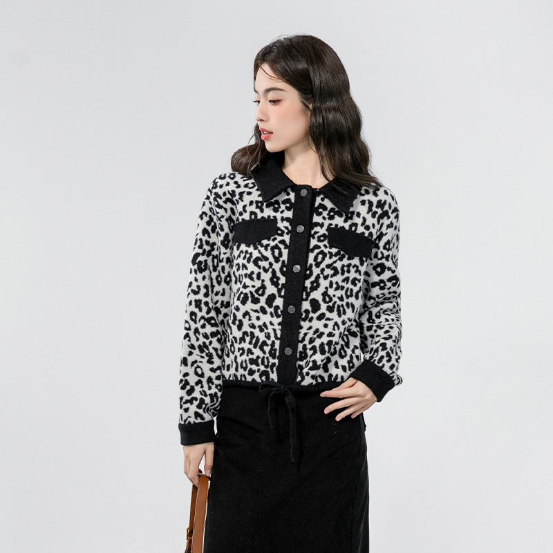 Knitted leopard coat autumn and winter single-breasted tops