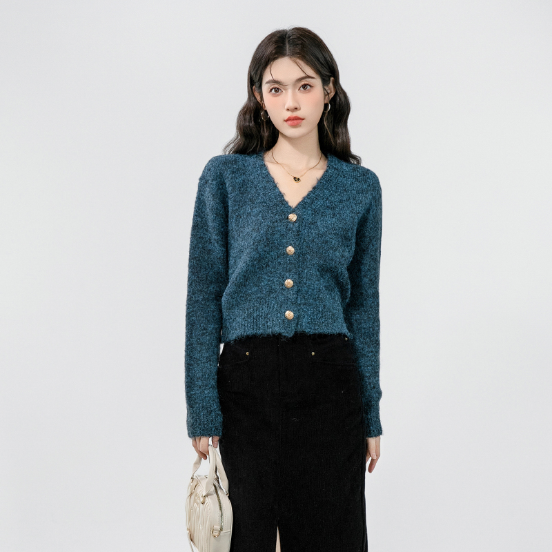 Knitted short small fellow coat V-neck autumn cardigan for women