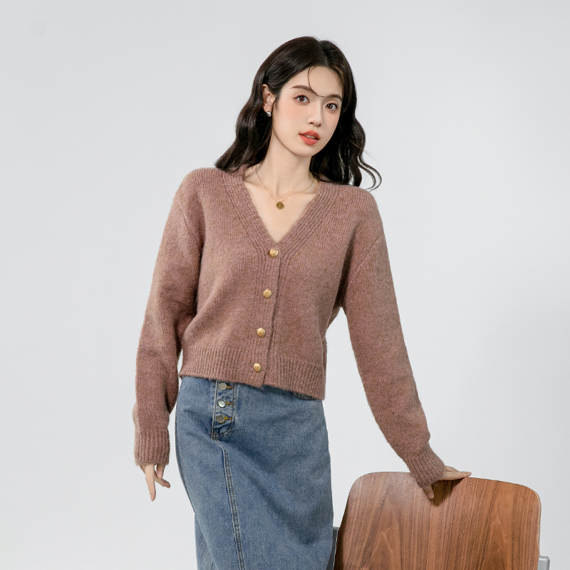 Knitted short small fellow coat V-neck autumn cardigan for women