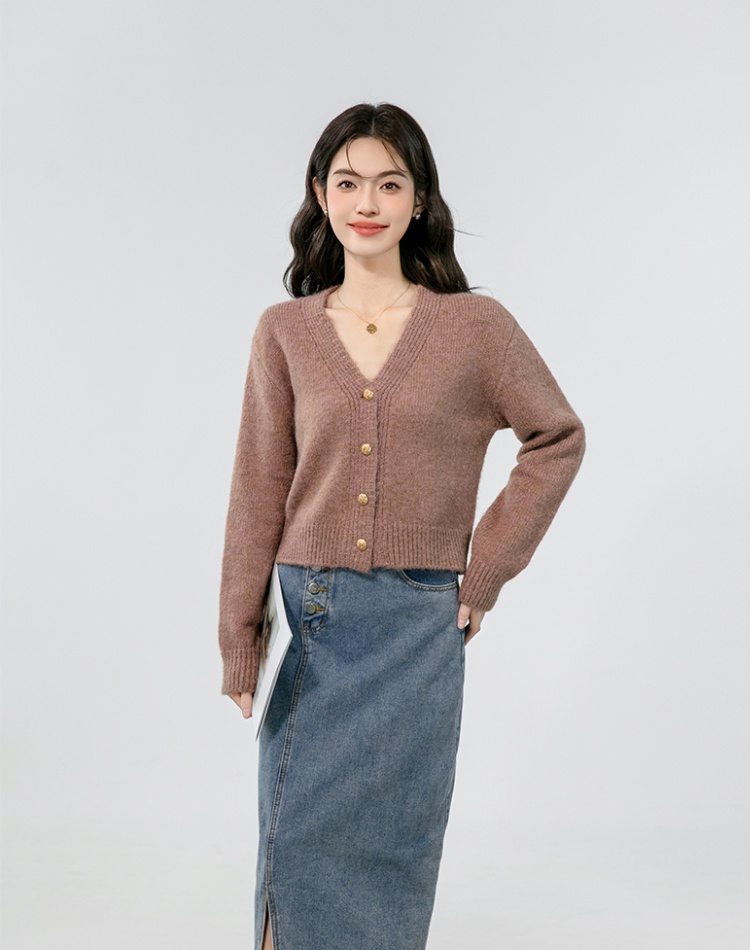 Knitted short small fellow coat V-neck autumn cardigan for women