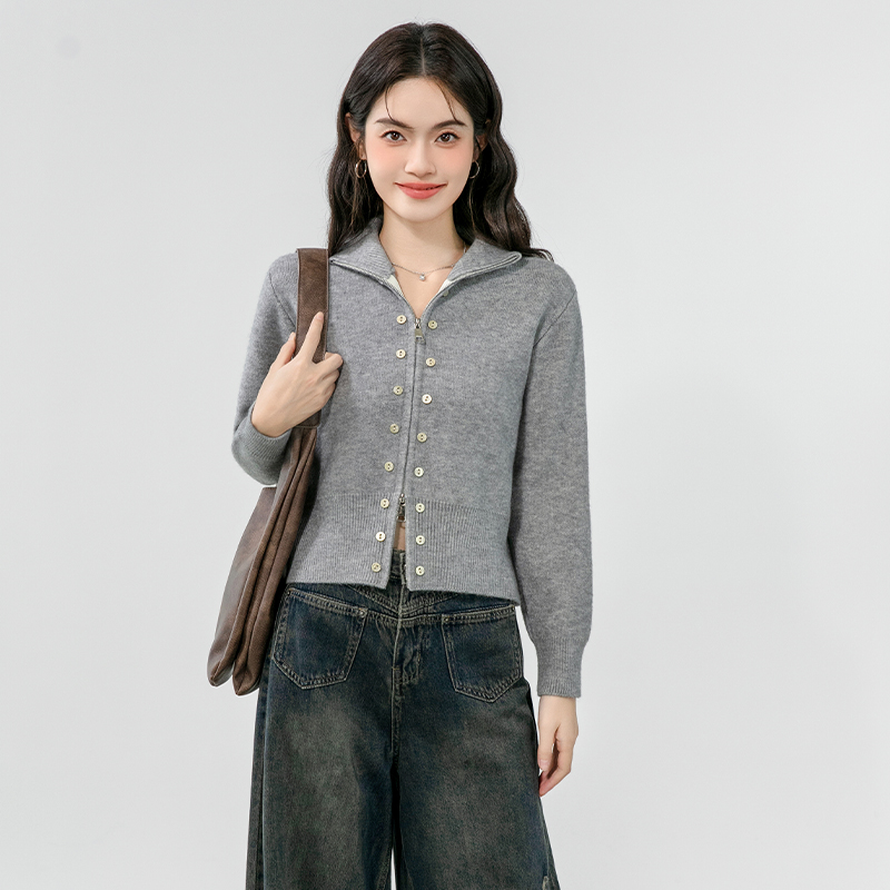 Loose retro cardigan lazy cstand collar coat for women