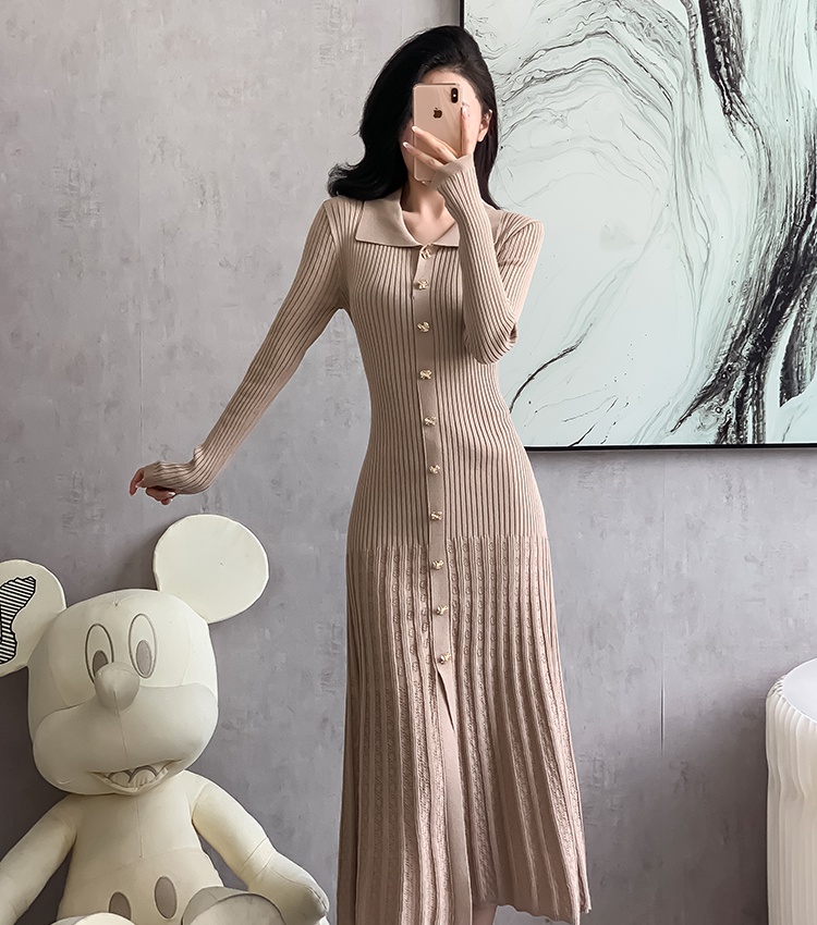 Gold buckle autumn and winter long dress knitted dress