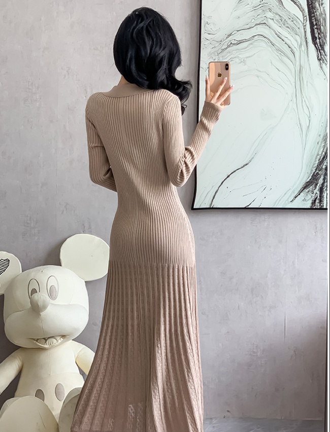 Gold buckle autumn and winter long dress knitted dress