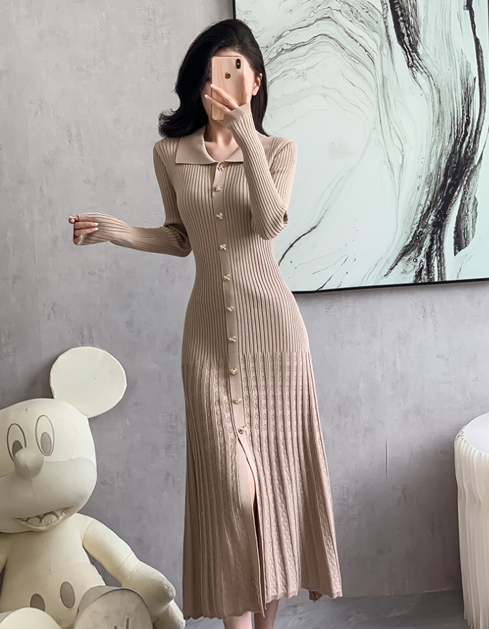 Gold buckle autumn and winter long dress knitted dress