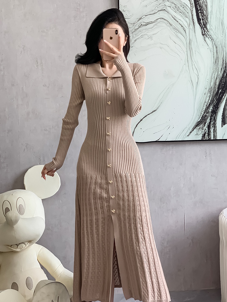 Gold buckle autumn and winter long dress knitted dress