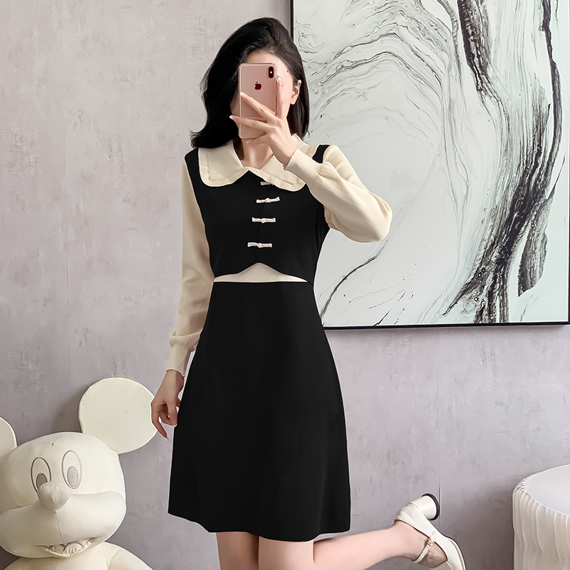 Pseudo-two Chinese style autumn and winter chanelstyle dress