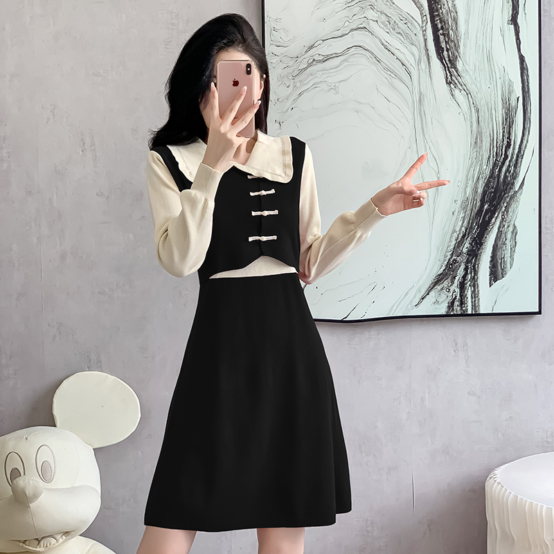 Pseudo-two Chinese style autumn and winter chanelstyle dress