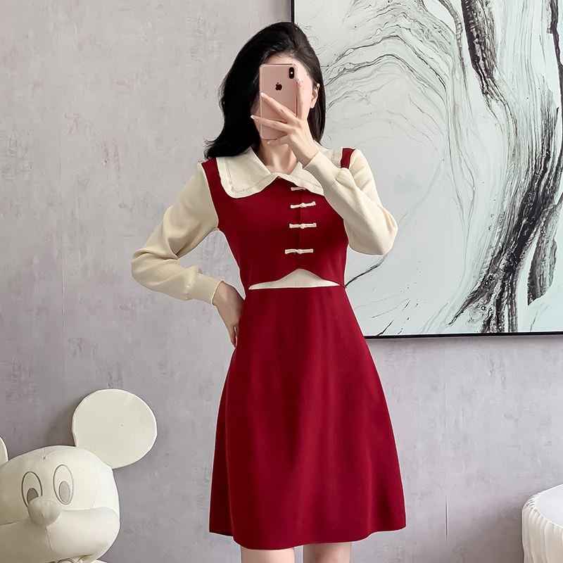 Pseudo-two Chinese style autumn and winter chanelstyle dress