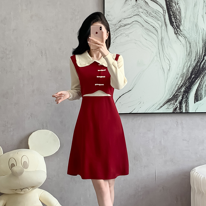 Pseudo-two Chinese style autumn and winter chanelstyle dress