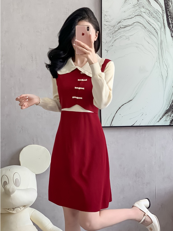 Pseudo-two Chinese style autumn and winter chanelstyle dress