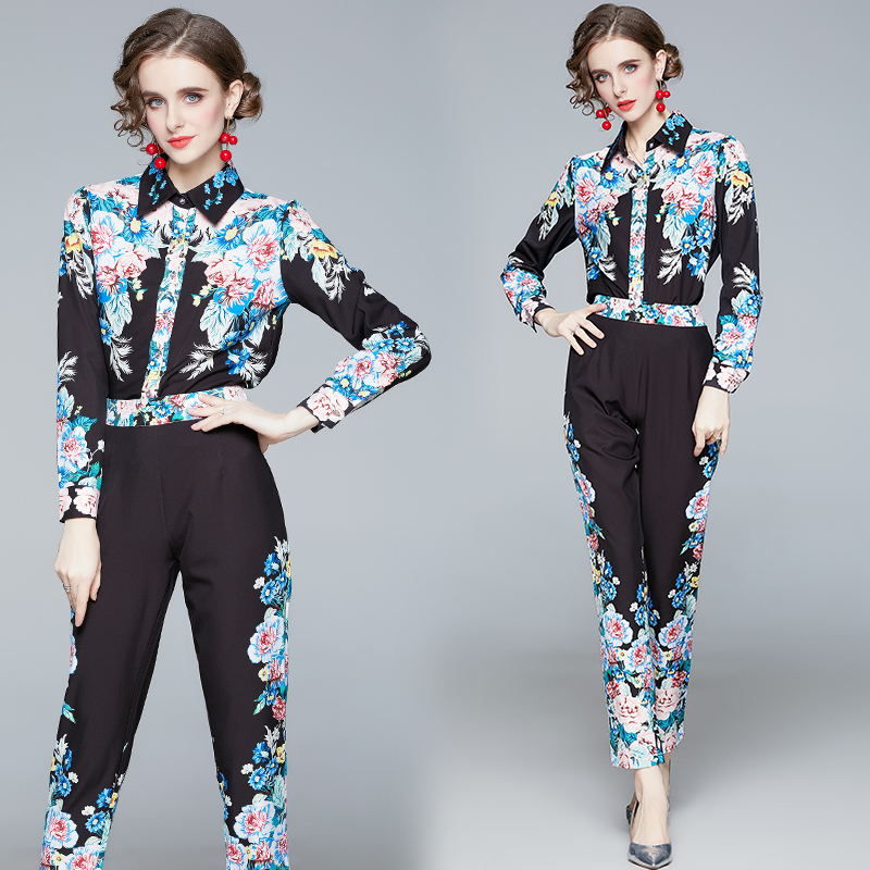 Printing long sleeve pencil pants lapel shirt a set