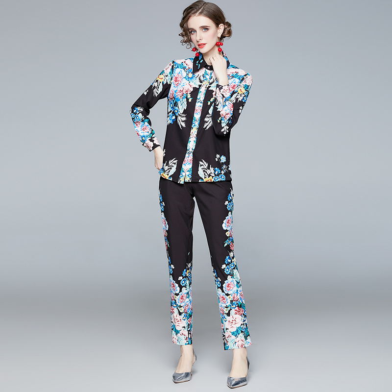 Printing long sleeve pencil pants lapel shirt a set