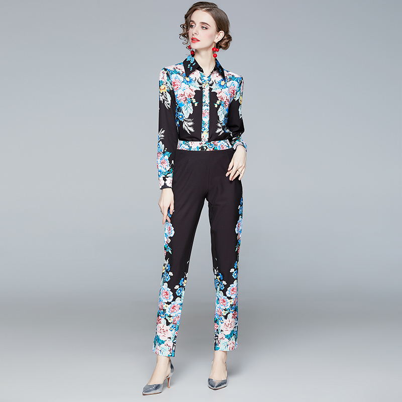 Printing long sleeve pencil pants lapel shirt a set