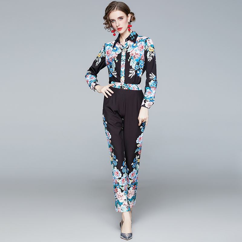 Printing long sleeve pencil pants lapel shirt a set