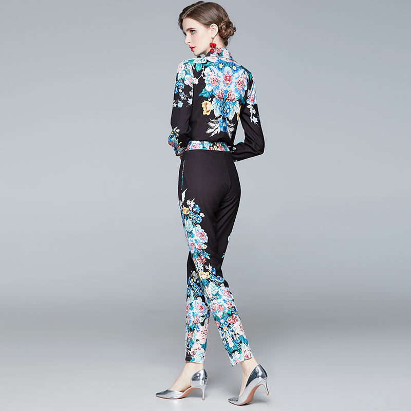 Printing long sleeve pencil pants lapel shirt a set