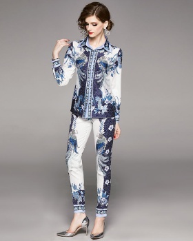 Printing lapel pencil pants fashion nine tenths shirt a set