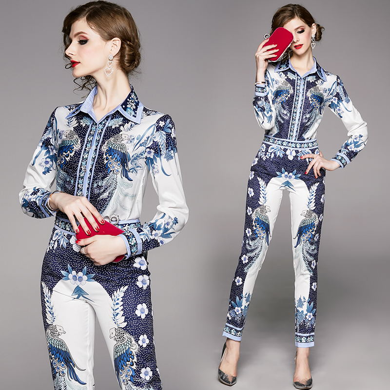 Printing lapel pencil pants fashion nine tenths shirt a set