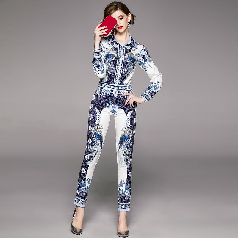 Printing lapel pencil pants fashion nine tenths shirt a set