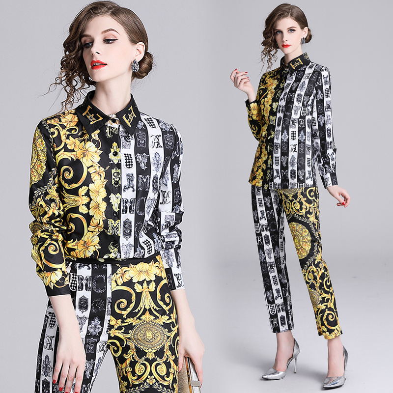 European style lapel shirt fashion nine pants a set for women