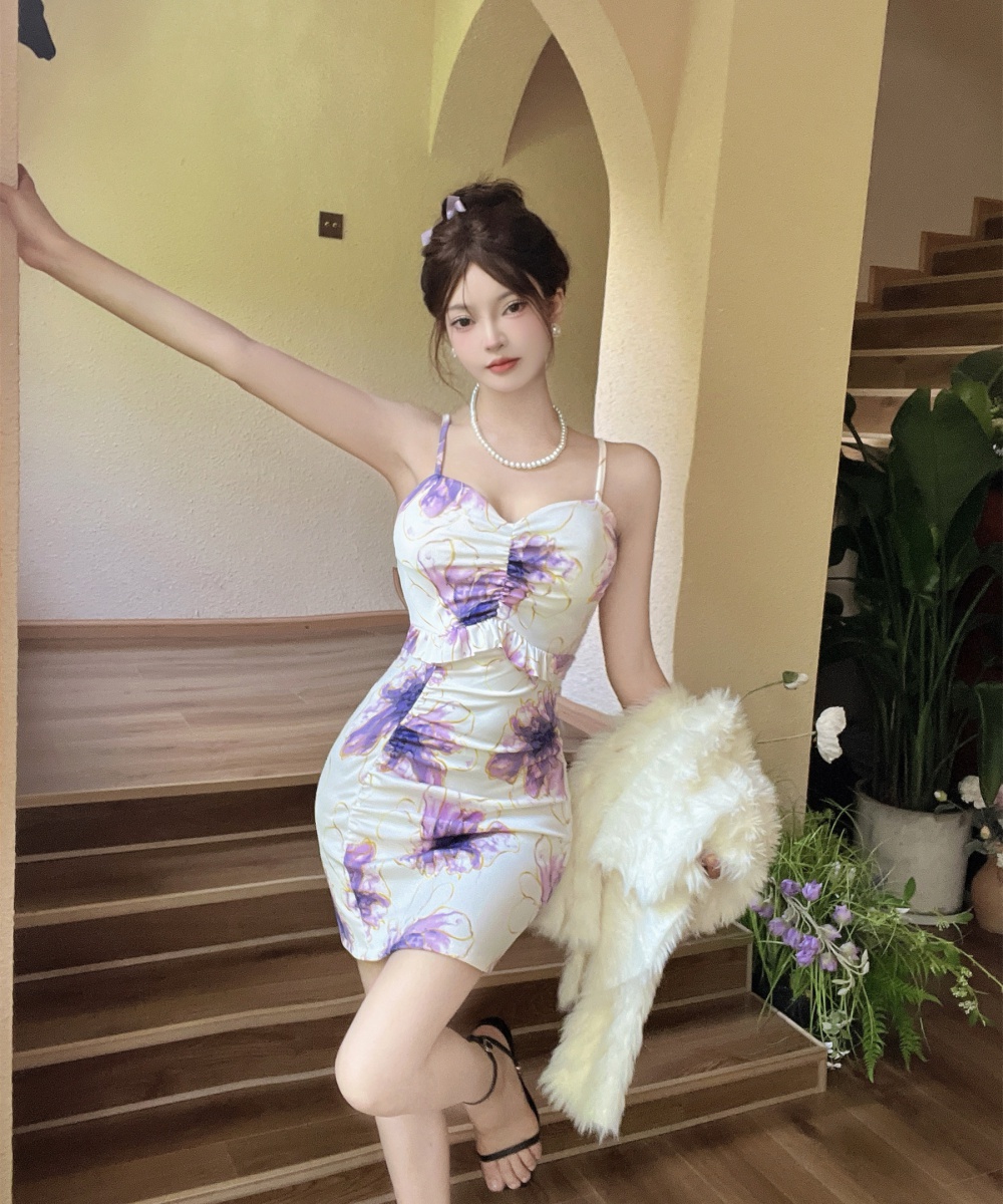 Slim bottoming split halter dress for women