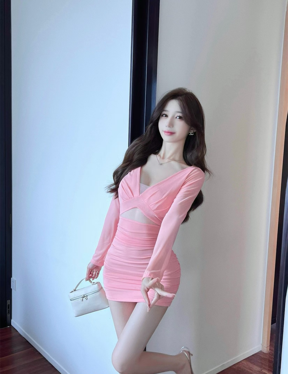 V-neck slim low-cut perspective package hip dress