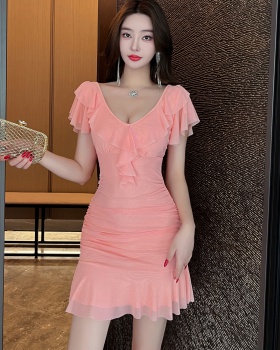 Package hip sexy lotus leaf edges short sleeve gauze dress