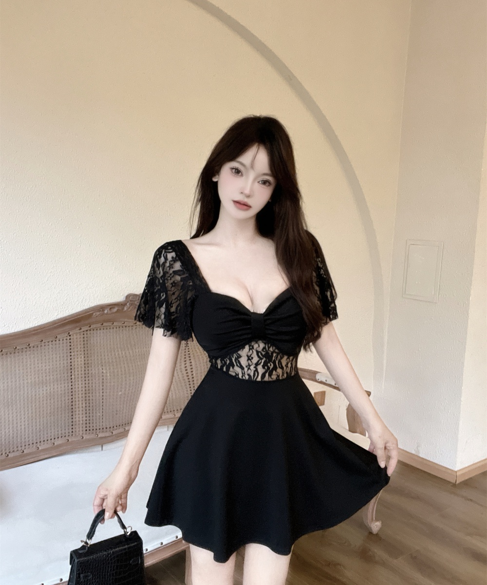 Bottoming big skirt low-cut V-neck splice dress