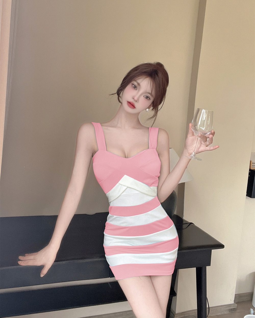 Stripe mixed colors sexy vest sling package hip dress