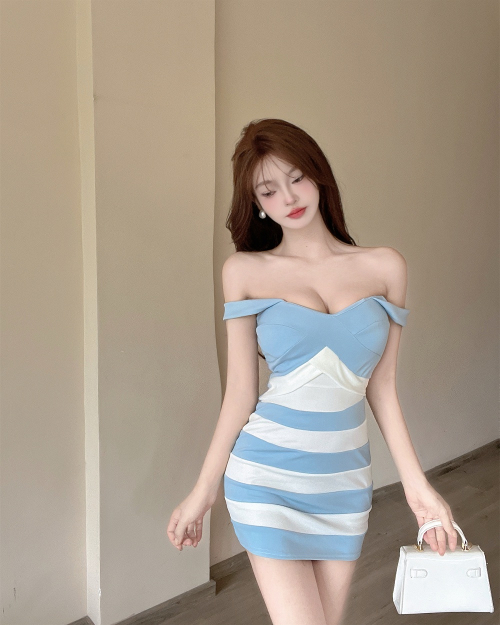 Stripe mixed colors sexy vest sling package hip dress