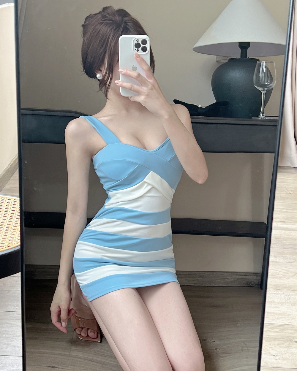 Stripe mixed colors sexy vest sling package hip dress