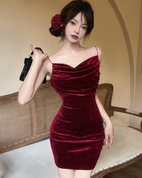 Slim autumn and winter sexy red velvet A-line dress