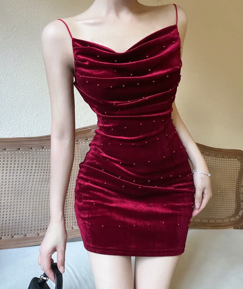 Slim autumn and winter sexy red velvet A-line dress