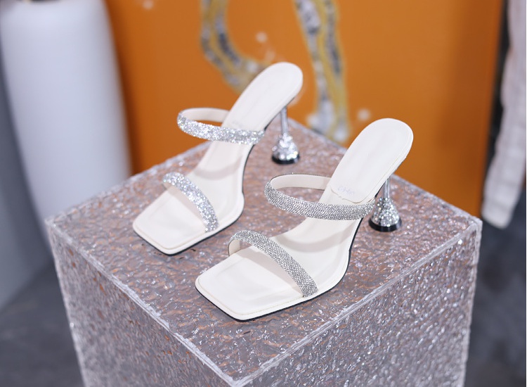 Ladies open toe square head rhinestone slippers