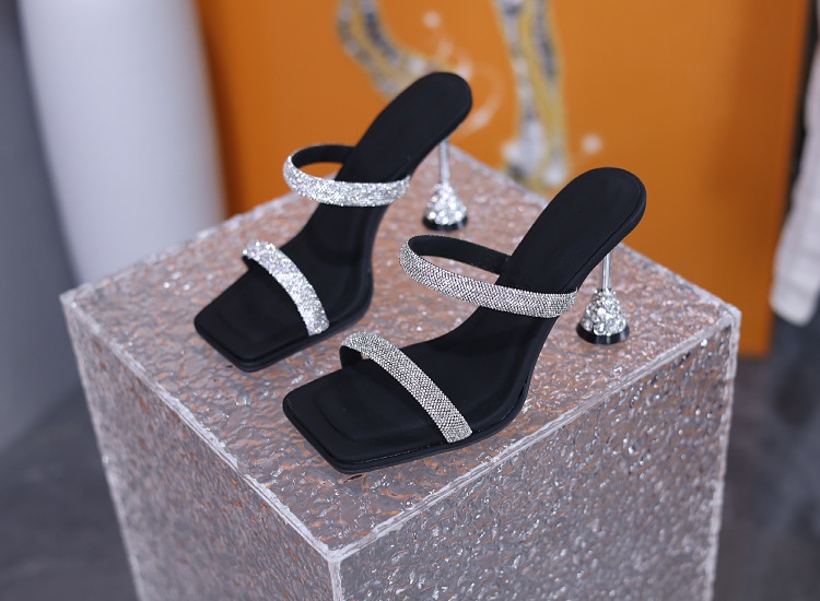 Ladies open toe square head rhinestone slippers