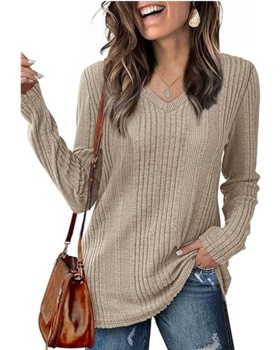 Knitted pit stripe European style V-neck T-shirt for women