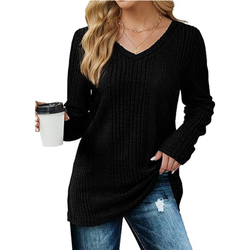 Knitted pit stripe European style V-neck T-shirt for women