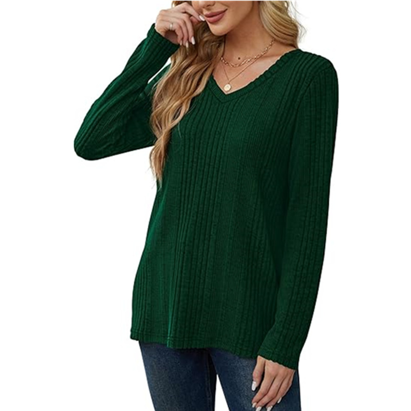 Knitted pit stripe European style V-neck T-shirt for women