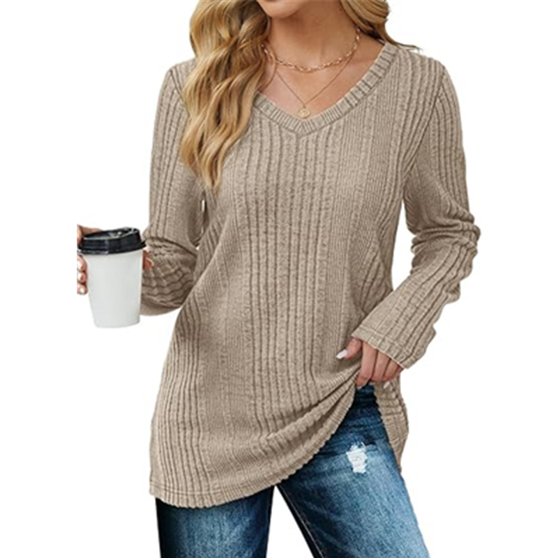 Knitted pit stripe European style V-neck T-shirt for women