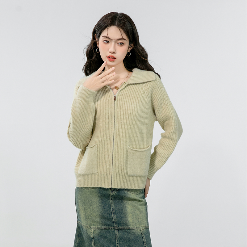 Zip lazy lapel sweater knitted autumn coat for women