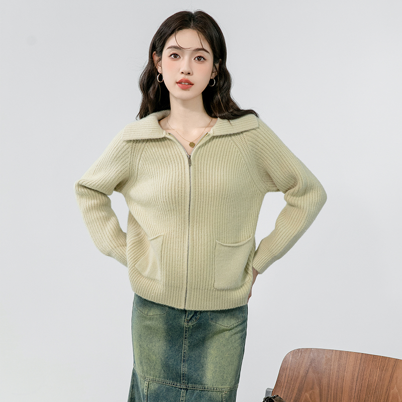 Zip lazy lapel sweater knitted autumn coat for women