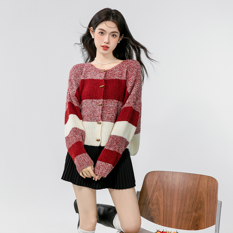 Knitted niche autumn sweater splice red tops for women