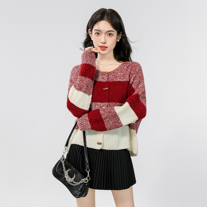 Knitted niche autumn sweater splice red tops for women